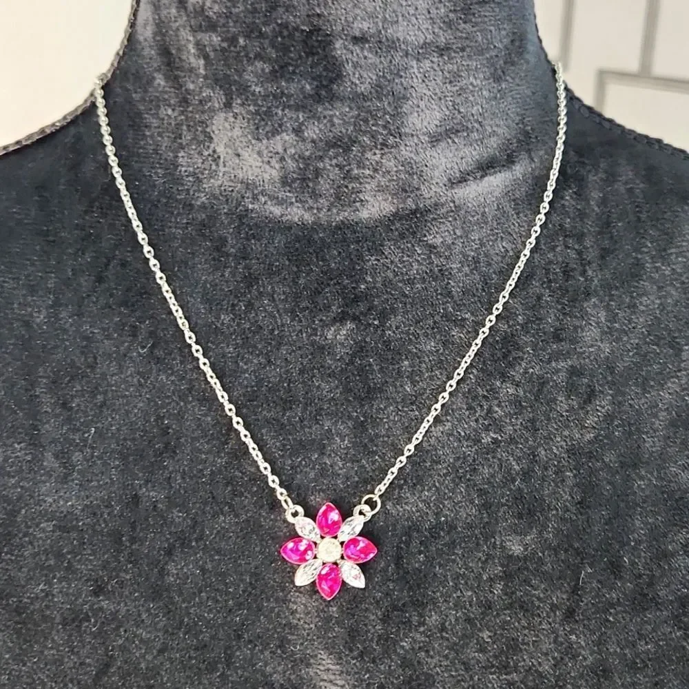 Dainty Pink & Clear Crystal Flower Necklace